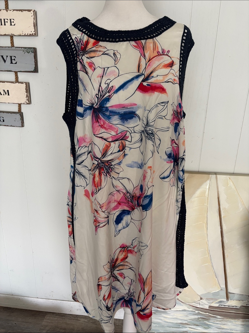 NWOT Fever Cream Floral Midi Dress with Navy Crochet Trim